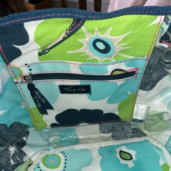 Thirty-One Green Blue Floral Tote Beach Bag - Picture 4 of 5